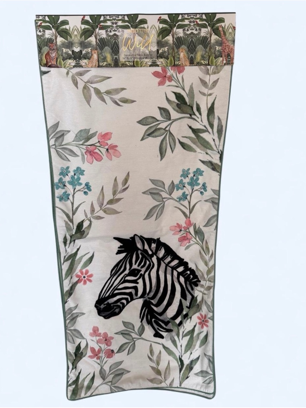 Zebra Print Floral Table Runner  - Ivory, Black, Green